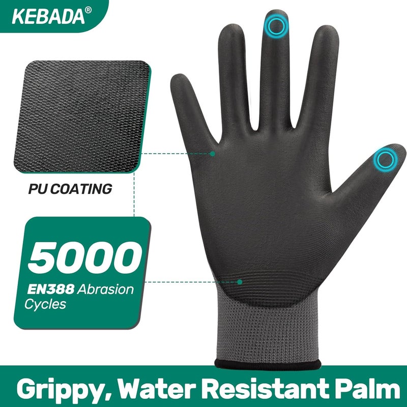 Kebada W1 Work Gloves for Men and Women, PU Coated Safety Gloves with Grip, Touchscreen, Ideal for Warehouse Package Handling, Construction, Gardening, 12 Pairs Gray Small - Image 2